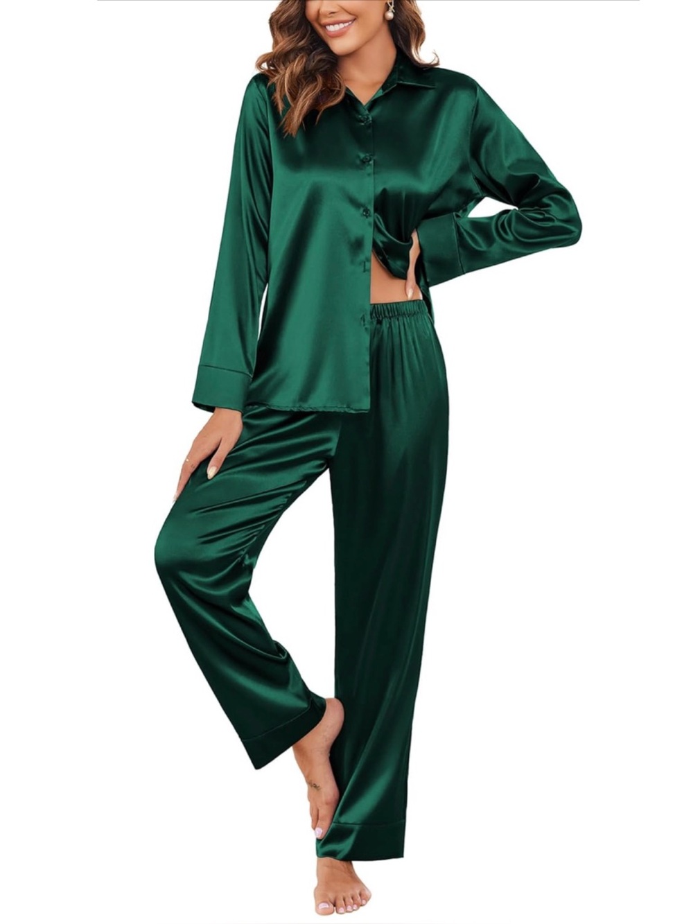 ‘ Ekouaer ’ Green Silk Satin Pajamas Set size S